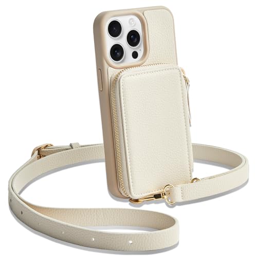 ZVE for iPhone 13 Pro Max Wallet Case Crossbody, Phone Case with Card Holder Wrist Strap, Zipper Leather RFID Blocking Purse Cover Gift for Women for iPhone 13 Pro Max, 6.7", 2021- Beige - Image 1