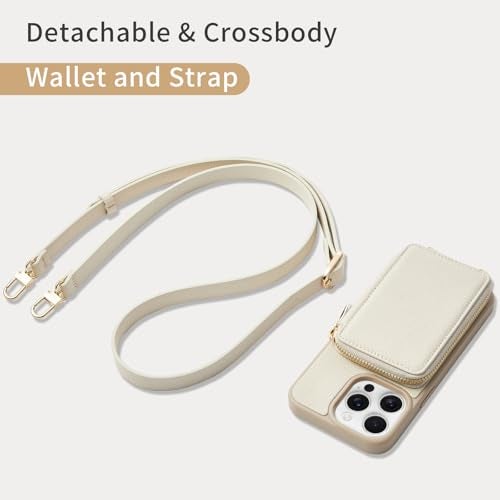 ZVE for iPhone 13 Pro Max Wallet Case Crossbody, Phone Case with Card Holder Wrist Strap, Zipper Leather RFID Blocking Purse Cover Gift for Women for iPhone 13 Pro Max, 6.7", 2021- Beige - Image 5