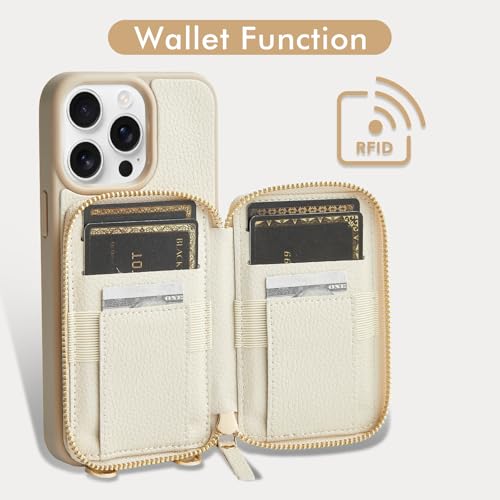 ZVE for iPhone 13 Pro Max Wallet Case Crossbody, Phone Case with Card Holder Wrist Strap, Zipper Leather RFID Blocking Purse Cover Gift for Women for iPhone 13 Pro Max, 6.7", 2021- Beige - Image 2