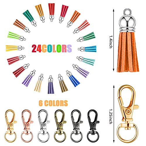 Furge 72 Pieces Key Fob Hardware Set Including 24 Wristlet with Keyring, Colorful Leather Keychain Tassel and Swivel Snap Hooks for Supplies, 6 Colors, Multicolor, Large - Image 3