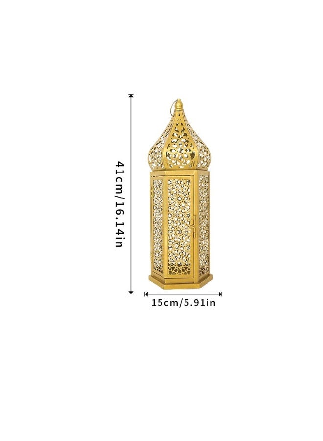 Moroccan Iron Openwork Lantern Candlestick, Vintage Distressed Gold, 41cm - Image 2