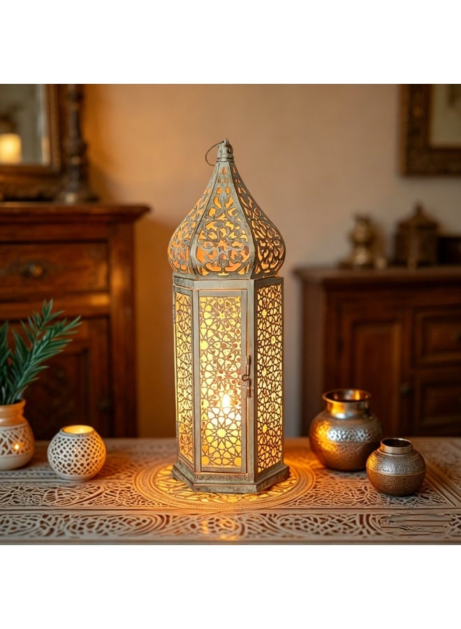 Moroccan Iron Openwork Lantern Candlestick, Vintage Distressed Gold, 41cm - Image 1