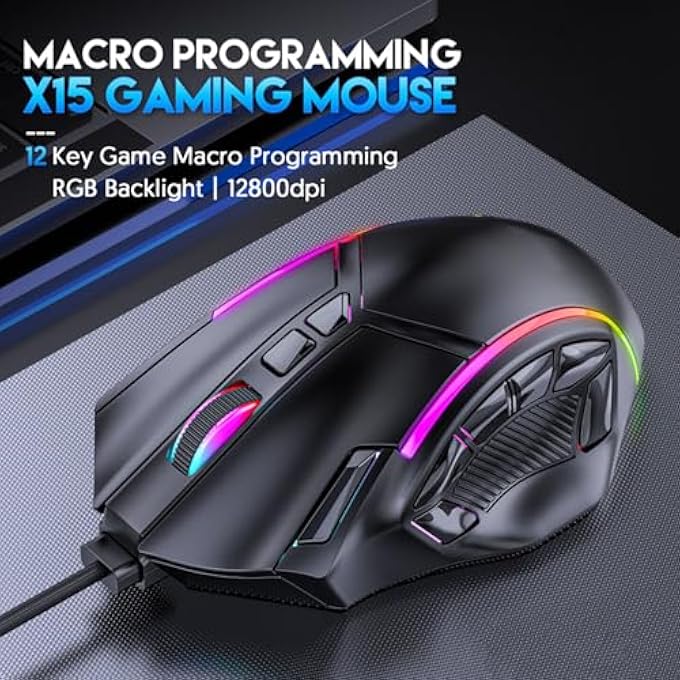 rayihni WIRED GAMING MOUSE, X15 WIRED USB COMPUTER MOUSE, 12800DPI RGB BACKLIGHT CORDED MOUSE FOR COMPUTERS GAMING DEVICES, 12 PROGRAMMING KEYS, OFFICE AND HOME MICE - Image 2