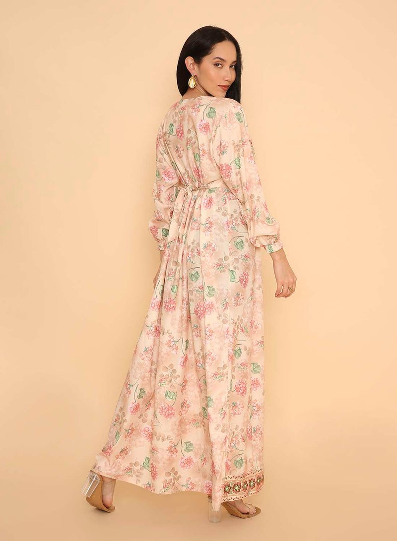 HANA & SARA Trendy womens pure viscose flowery printed & stone beaded long arabic jalabiya dress - Image 2