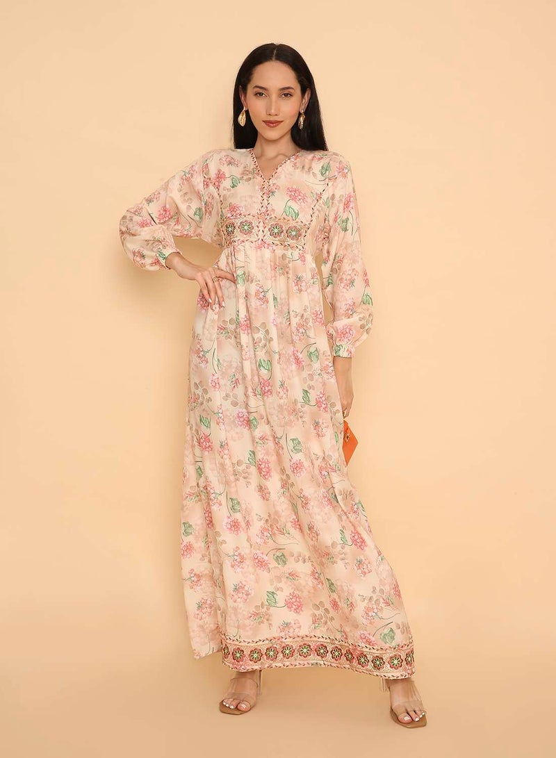 HANA & SARA Trendy womens pure viscose flowery printed & stone beaded long arabic jalabiya dress - Image 1