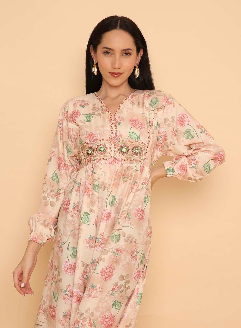 HANA & SARA Trendy womens pure viscose flowery printed & stone beaded long arabic jalabiya dress - Image 3