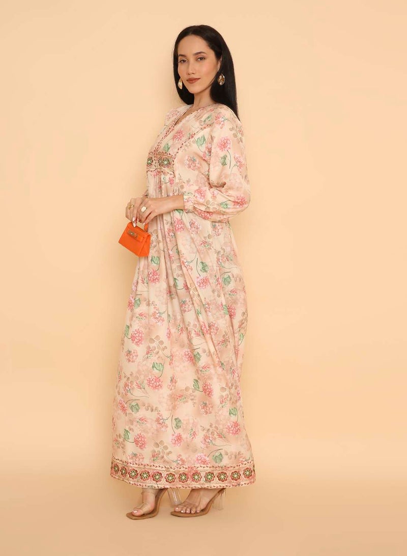 HANA & SARA Trendy womens pure viscose flowery printed & stone beaded long arabic jalabiya dress - Image 5