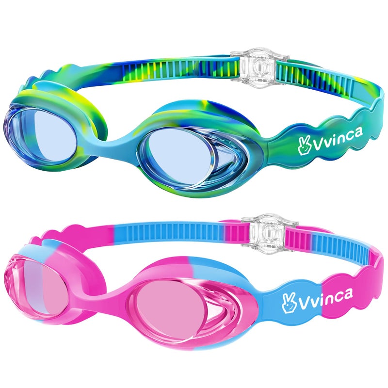 Vvinca 2 pack Kids Swim Goggles for Boys Girls Age 3-12, Wave-Shaped Quick Adjust Strap, Anti-Fog UV Protection Swimming Goggles, No Leaking Kids Goggles for Toddler Youth Pool Water Swimming - Image 1