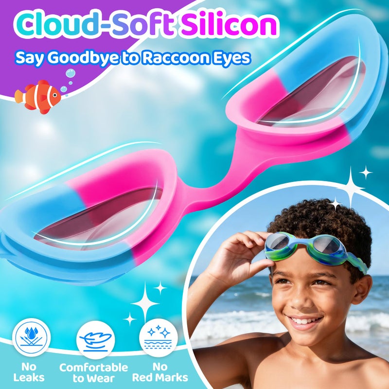 Vvinca 2 pack Kids Swim Goggles for Boys Girls Age 3-12, Wave-Shaped Quick Adjust Strap, Anti-Fog UV Protection Swimming Goggles, No Leaking Kids Goggles for Toddler Youth Pool Water Swimming - Image 2
