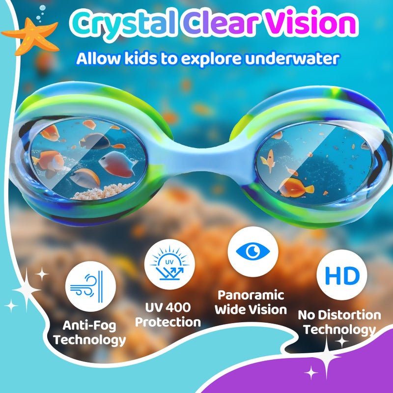 Vvinca 2 pack Kids Swim Goggles for Boys Girls Age 3-12, Wave-Shaped Quick Adjust Strap, Anti-Fog UV Protection Swimming Goggles, No Leaking Kids Goggles for Toddler Youth Pool Water Swimming - Image 5
