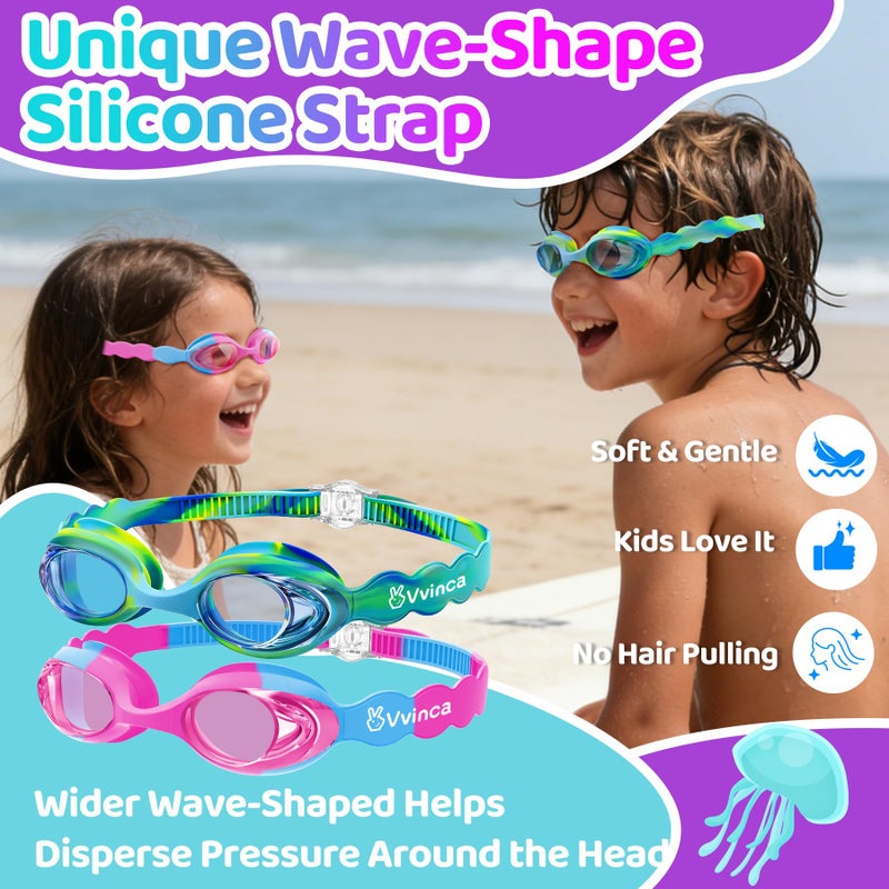 Vvinca 2 pack Kids Swim Goggles for Boys Girls Age 3-12, Wave-Shaped Quick Adjust Strap, Anti-Fog UV Protection Swimming Goggles, No Leaking Kids Goggles for Toddler Youth Pool Water Swimming - Image 3