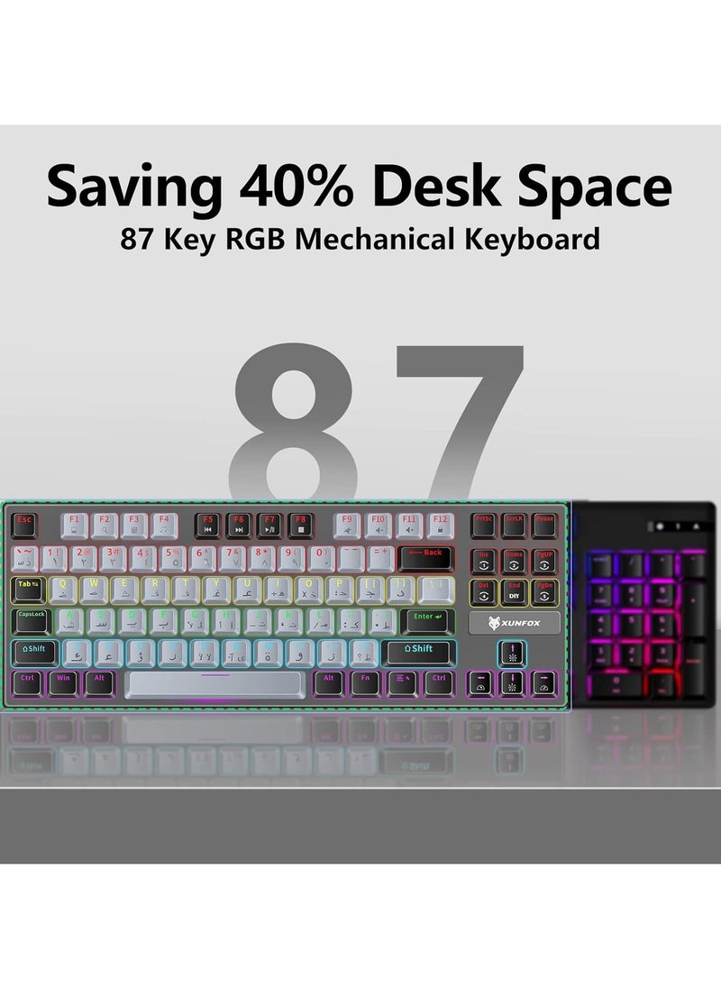 XUNFOX - Xunfox K80 Gaming Keyboard - Blue Mechanical Switch – Rainbow backlight – 87 Keys TKL Size – Double Color keycaps – ( Arabic & English Keys ) - Image 1