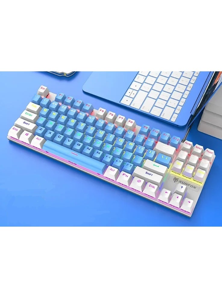 XUNFOX - Xunfox K80 Gaming Keyboard - Blue Mechanical Switch – Rainbow backlight – 87 Keys TKL Size – Double Color keycaps – ( Arabic & English Keys ) - Image 1