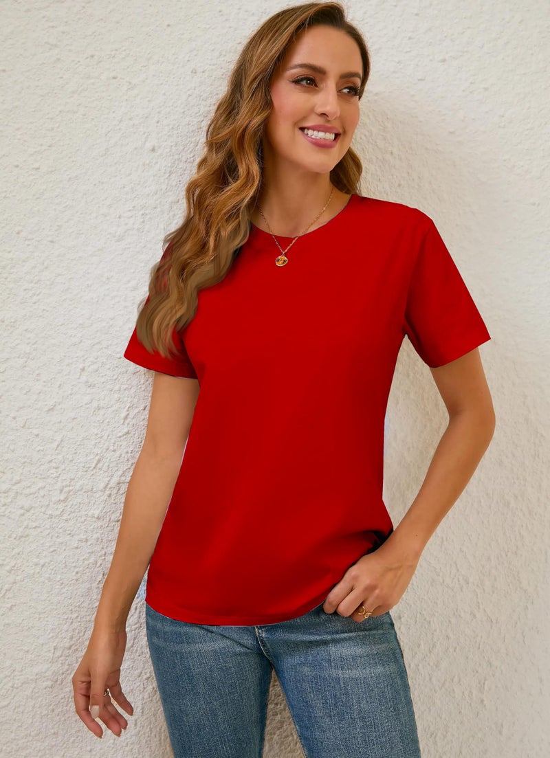 BJY Cotton Women's Red Short Sleeve Crew Neck T-Shirt, Regular Fit Casual T Shirt Tops, Basic Tees, Tshirt, Tshirt - Image 2