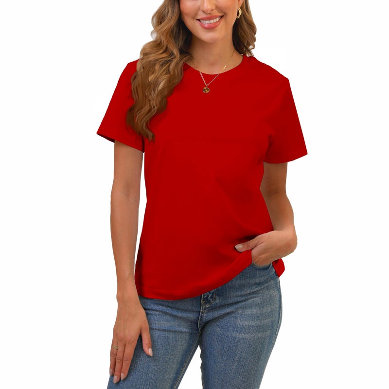 BJY Cotton Women's Red Short Sleeve Crew Neck T-Shirt, Regular Fit Casual T Shirt Tops, Basic Tees, Tshirt, Tshirt - Image 1