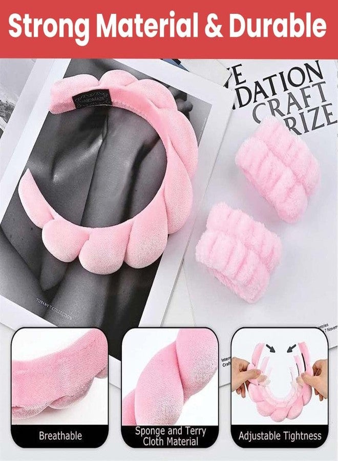 TEMPERIA Makeup Headband Wristband Set for Women & Girls | Hair Band for Facial Time | Head Bands Skincare Hairband for Spa | 3 Pieces Set | Pink - Image 3