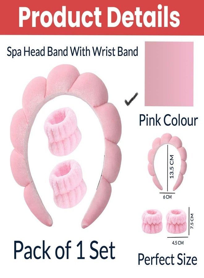 TEMPERIA Makeup Headband Wristband Set for Women & Girls | Hair Band for Facial Time | Head Bands Skincare Hairband for Spa | 3 Pieces Set | Pink - Image 2