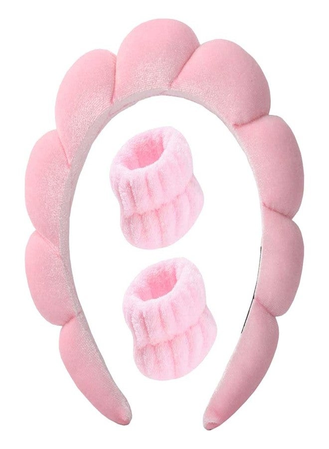 TEMPERIA Makeup Headband Wristband Set for Women & Girls | Hair Band for Facial Time | Head Bands Skincare Hairband for Spa | 3 Pieces Set | Pink - Image 1