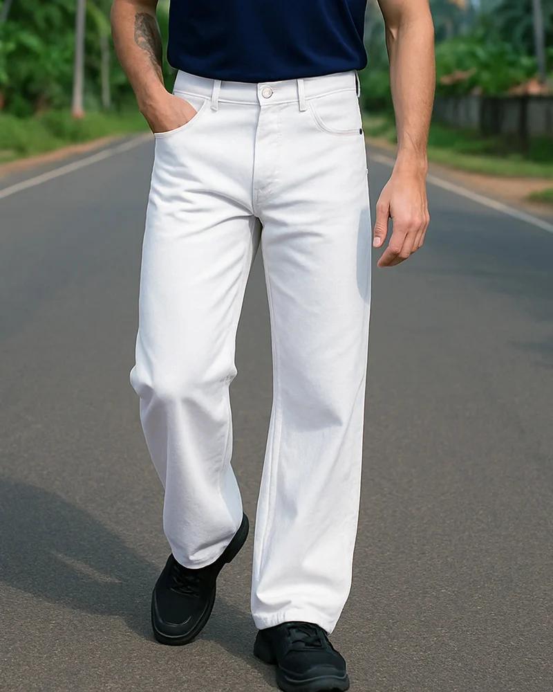 Men's White Super Baggy Fit Mid-Rise Jeans