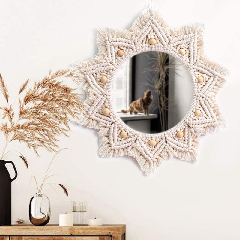 TERRIFI Wall Mirror, Wall Decor Mirror Macrame Circle Hanging Mirror Ready to Hang Bedroom Decoration for Women Home Room Decorative Mirrors - Image 4