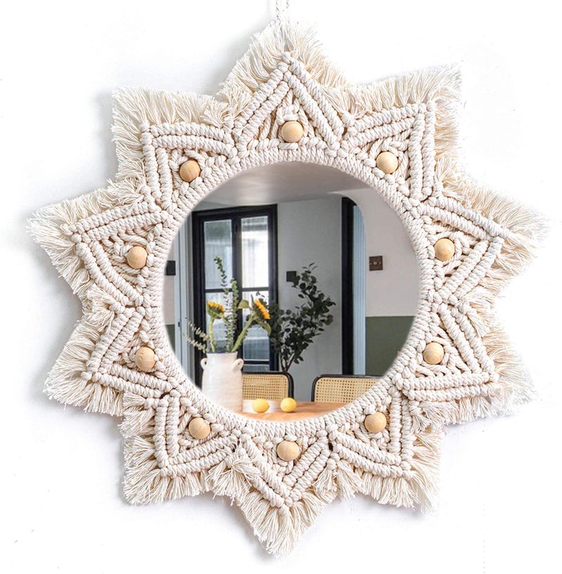 TERRIFI Wall Mirror, Wall Decor Mirror Macrame Circle Hanging Mirror Ready to Hang Bedroom Decoration for Women Home Room Decorative Mirrors - Image 1