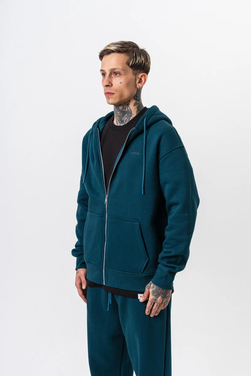RESPIRE Men's Respire Letter Detail Basic Zip Hooded Oversize Hoodie Emerald