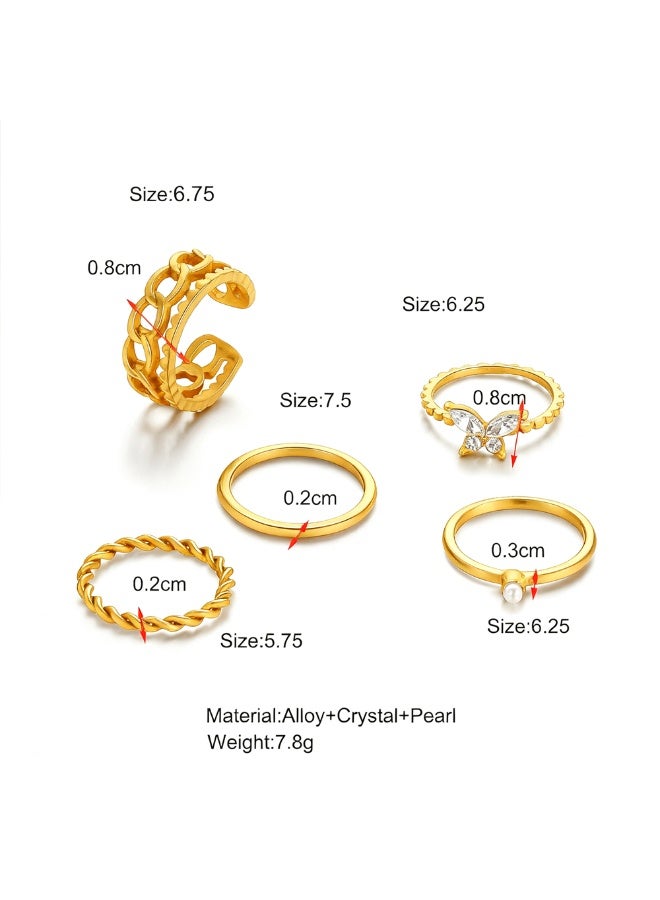 مجموعة 5 حلقة من خواتم المفصل الذهبية للنساء - خواتم رقيقة متوسطة الطول قابلة للتركيب، طقم خواتم نسائية جريئة - Image 2