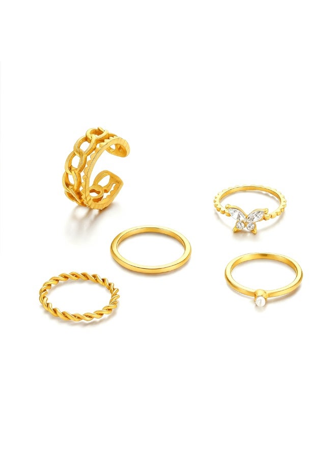 مجموعة 5 حلقة من خواتم المفصل الذهبية للنساء - خواتم رقيقة متوسطة الطول قابلة للتركيب، طقم خواتم نسائية جريئة - Image 3