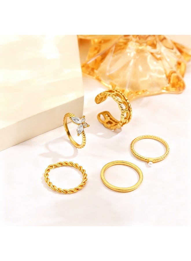 مجموعة 5 حلقة من خواتم المفصل الذهبية للنساء - خواتم رقيقة متوسطة الطول قابلة للتركيب، طقم خواتم نسائية جريئة - Image 4