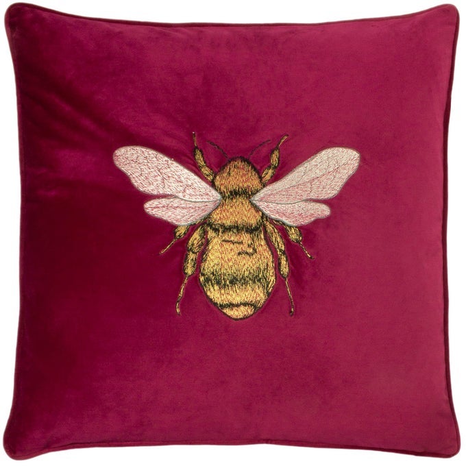 Paoletti Hortus Cushion Cover Bee Embroidered Luxurious Velvet Accent Square Cushion Cover Pink Fuschia 50x50 cm