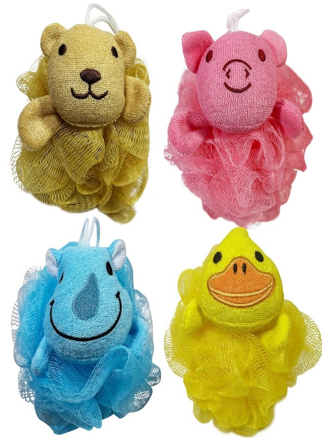 Bleu Bath (4 Pack) Lovely Animal Design Kids Exfoliating Bath Scrubber Body Scrubber Shower Ball for Baby Toddler Kids Gentle Exfoliating Bath Sponge Loofah Pouf in Colorful Design (Joyful TERRICOLE) - Image 1