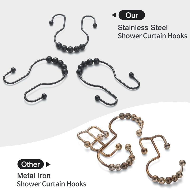Goowin Shower Curtain Hooks, 12 Pcs Shower Curtain Rings, Stainless Steel Black Shower Curtain Hooks, Shower Curtain Rings Rust Proof, Smooth Sliding Anti-Drop Double Shower Rings for Curtain (Black) - Image 3