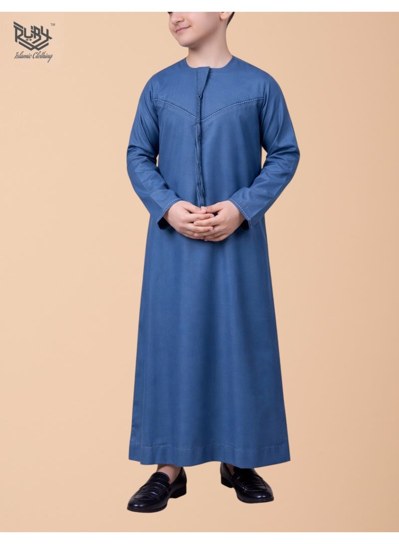 RUBY ISLAMIC CLOTHING Classic Bright Blue Emirati Thobe kandura for Children & kids with Intricate Embroidery kandura Kaftan Round Neck Long Sleeve Saudi Arabian Muslin Robe - Image 1