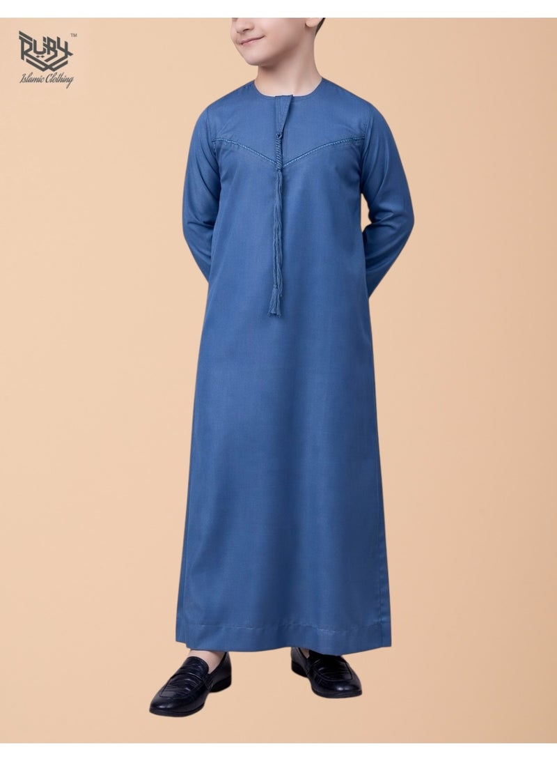 RUBY ISLAMIC CLOTHING Classic Bright Blue Emirati Thobe kandura for Children & kids with Intricate Embroidery kandura Kaftan Round Neck Long Sleeve Saudi Arabian Muslin Robe - Image 2