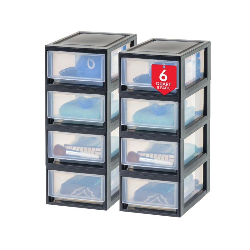 IRIS USA 6 Qt Plastic Drawer Storage Organizer Stacking Drawers 8Pack Stackable Unit with Sliding Drawer for Clothes Bedroom Kitchen Under Sink Pantry Craft Room Bathroom Dorm Office Black