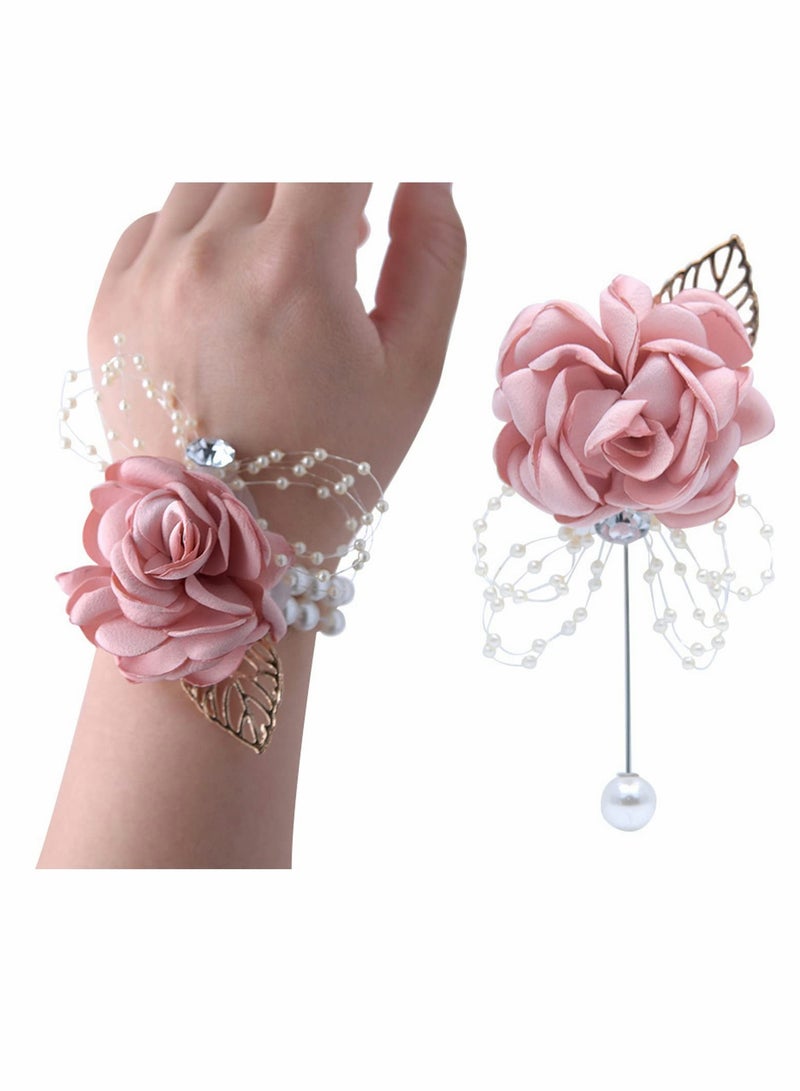 KASTWAVE Rose Corsage Bracelet Set, 2 Pcs Floral Wedding Wrist Corsage with Rhinestone and Pearl - Image 1