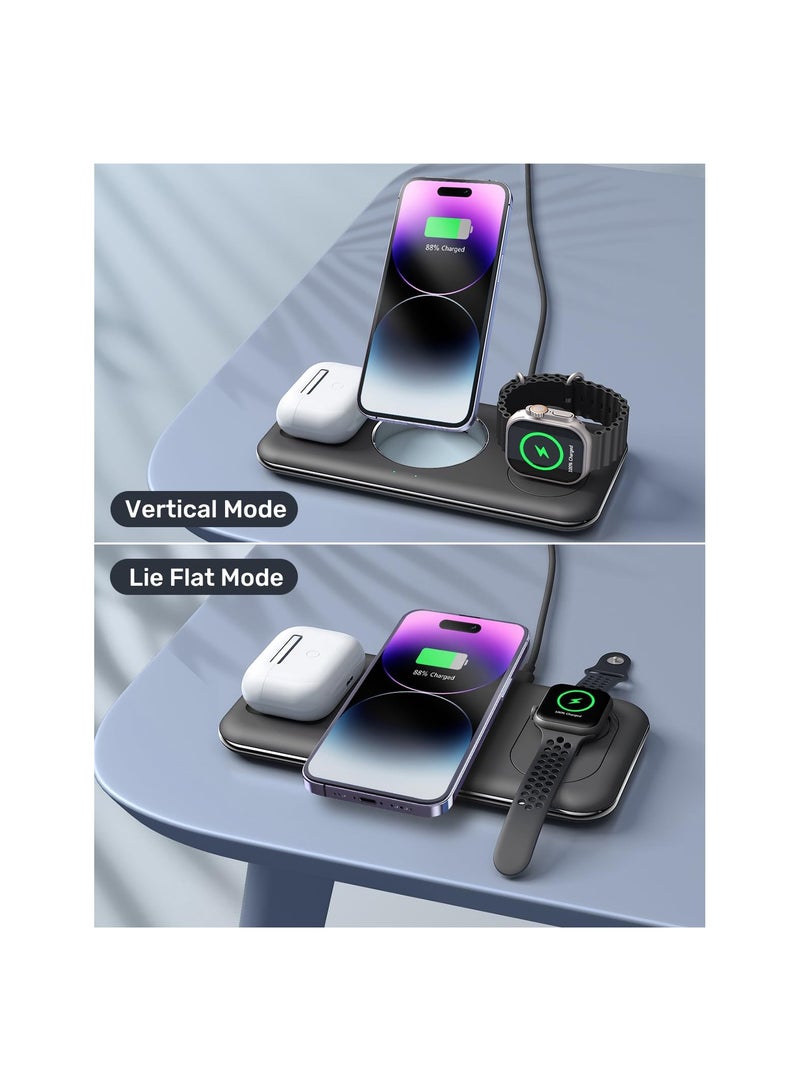 Foldable 3 in 1 Wireless Charger, Metal Design, Charging Station Compatible with MagSafe, Fit for iPhone 14/13/12 Pro Max, Apple Watch and AirPods(Black)(1 Pack)