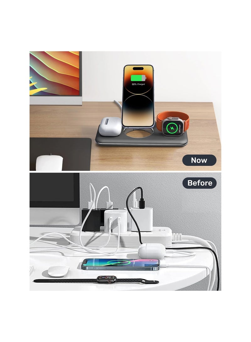Foldable 3 in 1 Wireless Charger, Metal Design, Charging Station Compatible with MagSafe, Fit for iPhone 14/13/12 Pro Max, Apple Watch and AirPods(Black)(1 Pack)