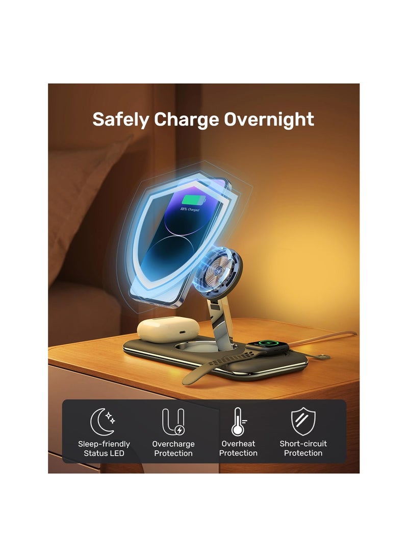 Foldable 3 in 1 Wireless Charger, Metal Design, Charging Station Compatible with MagSafe, Fit for iPhone 14/13/12 Pro Max, Apple Watch and AirPods(Black)(1 Pack)