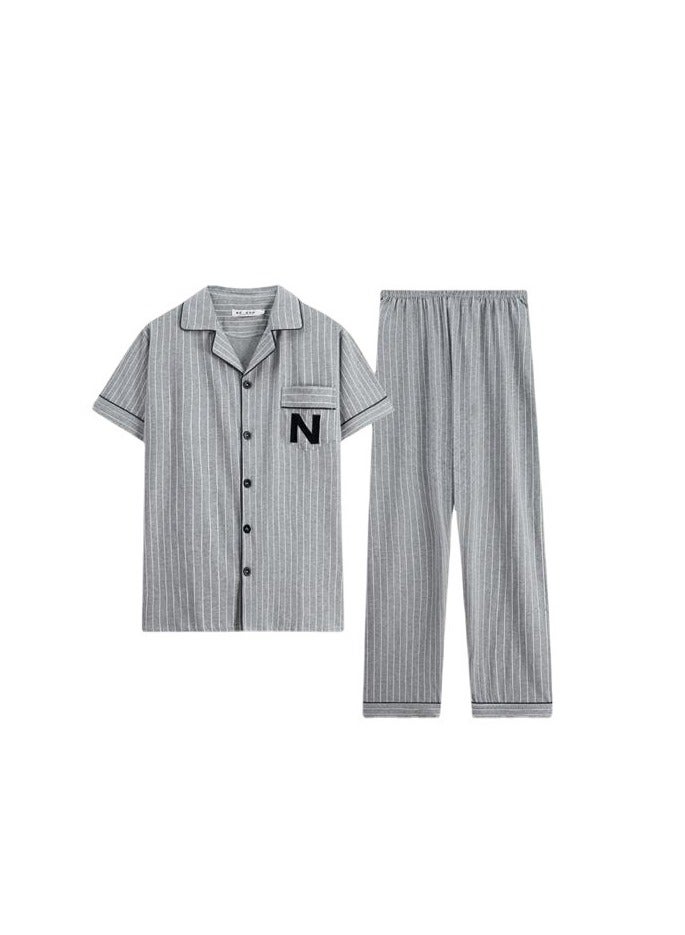 general Men's cotton short-sleeve set, long pants suit, fashionable pajamas, men's summer large size loose summer light and comfortable leisure home clothes, blue  - Image 1