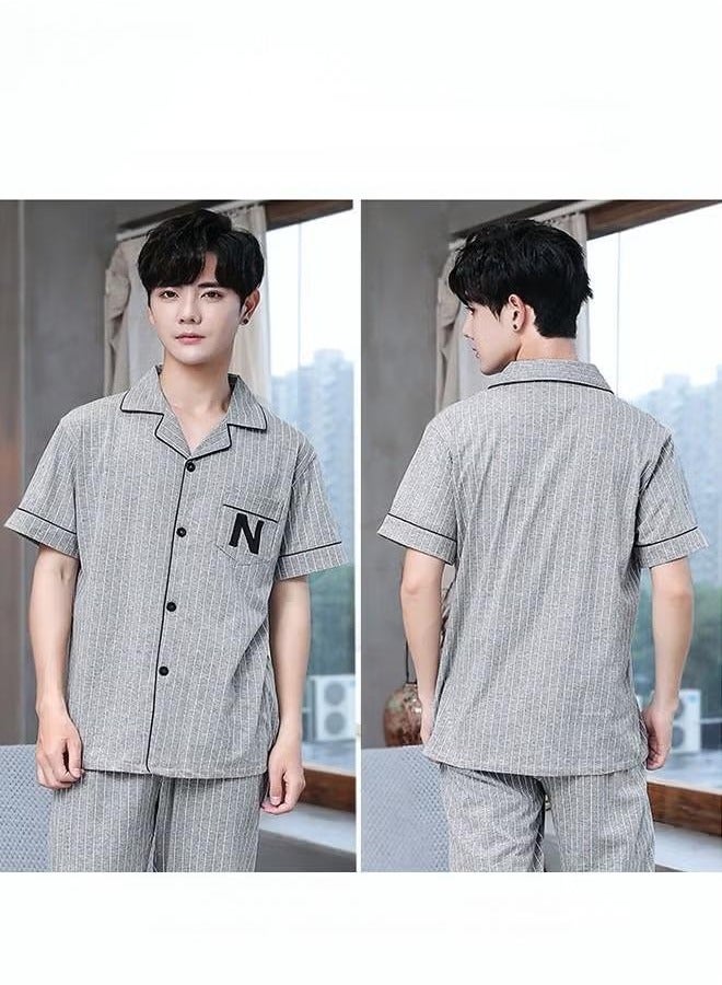 general Men's cotton short-sleeve set, long pants suit, fashionable pajamas, men's summer large size loose summer light and comfortable leisure home clothes, blue  - Image 2