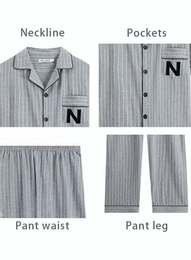 general Men's cotton short-sleeve set, long pants suit, fashionable pajamas, men's summer large size loose summer light and comfortable leisure home clothes, blue  - Image 3