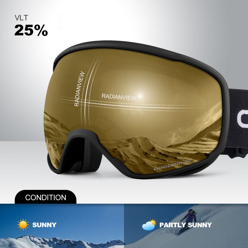Odoland Snow Ski Goggles S2 Double Lens Anti-Fog OTG Windproof UV400 Eyewear for Men, Women and Youth-Skiing Snowboarding, Mirror REVO Brown vlt 25% - Image 2