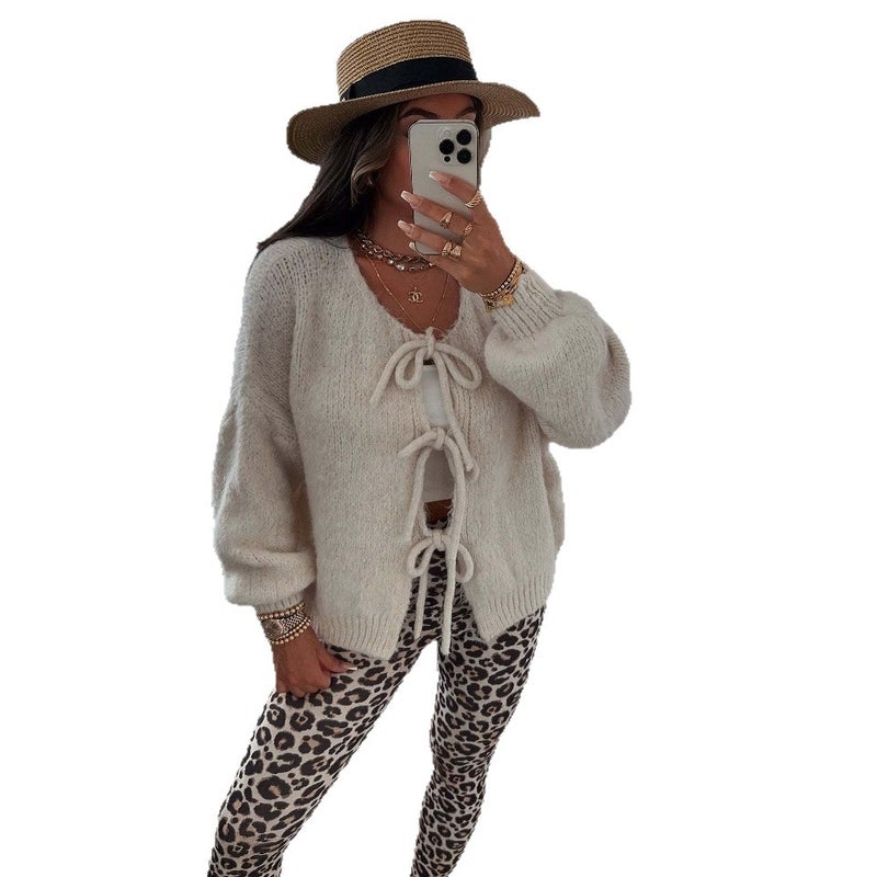 Round Neck Tie-Knit Cardigan Sweater for Women - Image 5