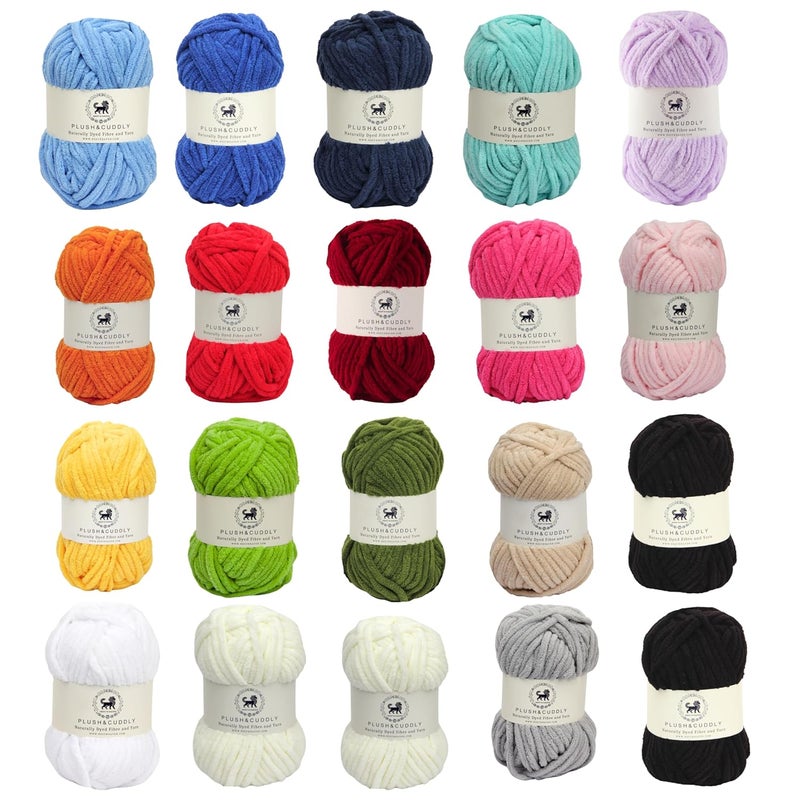 NESTNHAVEN Plush Cuddly yarn kit Sets Chenille Yarn Supersoft Hand Knitting Wool Ball set of 20 2 kg 1 Ball100 Gram Each Ball Suitable for Craft Babywear Toys Baby Blankets 5 Bulky Shades NNHS off white black blue dark blue denim blue lilac orange cranberry hot pinkbaby pink sunflower yellow green military green beige white grey - Image 1