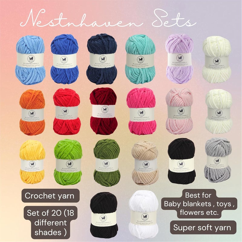 NESTNHAVEN Plush Cuddly yarn kit Sets Chenille Yarn Supersoft Hand Knitting Wool Ball set of 20 2 kg 1 Ball100 Gram Each Ball Suitable for Craft Babywear Toys Baby Blankets 5 Bulky Shades NNHS off white black blue dark blue denim blue lilac orange cranberry hot pinkbaby pink sunflower yellow green military green beige white grey - Image 2