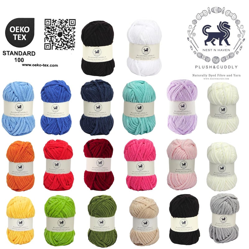NESTNHAVEN Plush Cuddly yarn kit Sets Chenille Yarn Supersoft Hand Knitting Wool Ball set of 20 2 kg 1 Ball100 Gram Each Ball Suitable for Craft Babywear Toys Baby Blankets 5 Bulky Shades NNHS off white black blue dark blue denim blue lilac orange cranberry hot pinkbaby pink sunflower yellow green military green beige white grey - Image 3