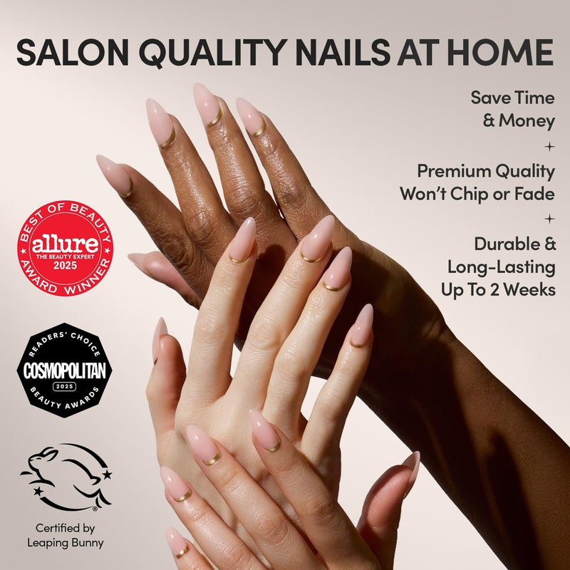 Glamnetic Press On Nails - Goal Getter | Medium Almond Fake Nails and Neutral Gold Reverse French Tip, Salon Quality | 15 Sizes - 30 Nail Kit Wtih Glue - Image 2