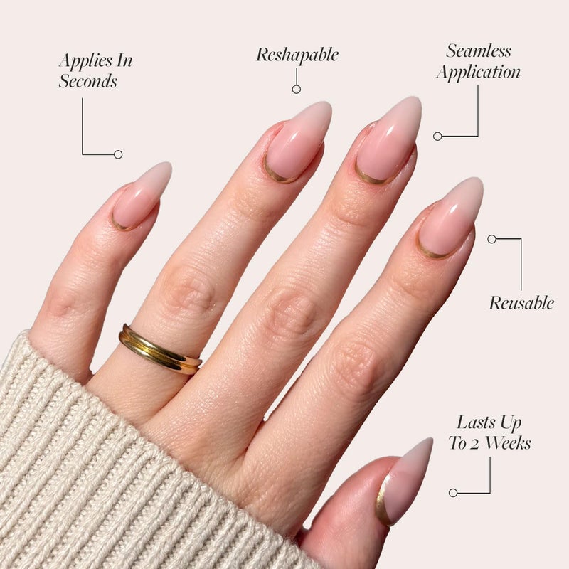 Glamnetic Press On Nails - Goal Getter | Medium Almond Fake Nails and Neutral Gold Reverse French Tip, Salon Quality | 15 Sizes - 30 Nail Kit Wtih Glue - Image 3