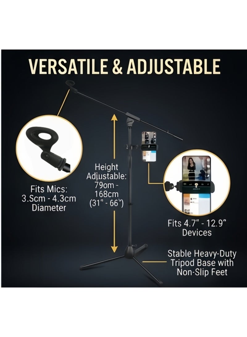 FlashHawk Microphone Floor Stand with Phone/Tablet Holder, Adjustable Boom Mic Stand with Heavy-Duty Base, for Streaming, Podcasting, Recording, and Live Performances - Image 2